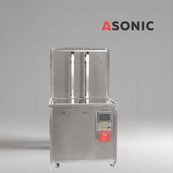ASONIC IND-2000 Limpiador ultrasónico neumático, diseño robusto de acero inoxidable con elevador neumático de cesta para fábricas.