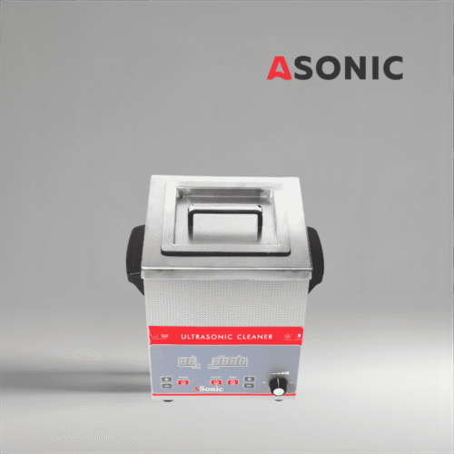 Limpiador ultrasónico industrial ASONIC 3L con tapa cerrada de acero inoxidable para una limpieza precisa.