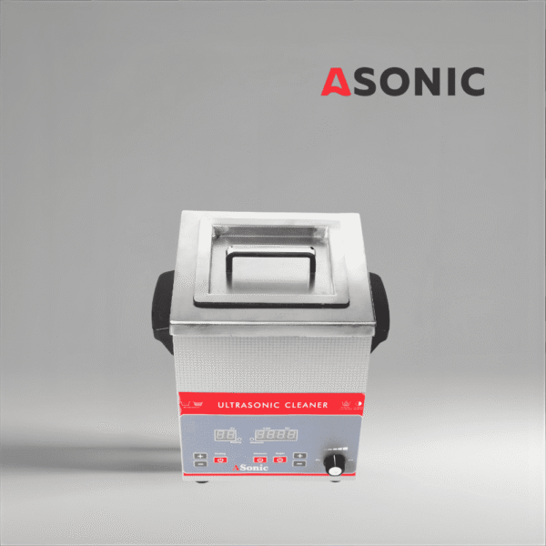 Limpiador ultrasónico industrial ASONIC 3L con tapa Limpiador ultrasónico industrial ASONIC 3L con tapa cerrada de acero inoxidable para una limpieza precisa.