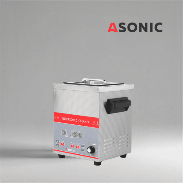 AONIC-IND-30-40kHz-5 Baño ultrasónico compacto ASONIC IND-30 con tanque de acero inoxidable, diseñado para talleres y clínicas dentales.