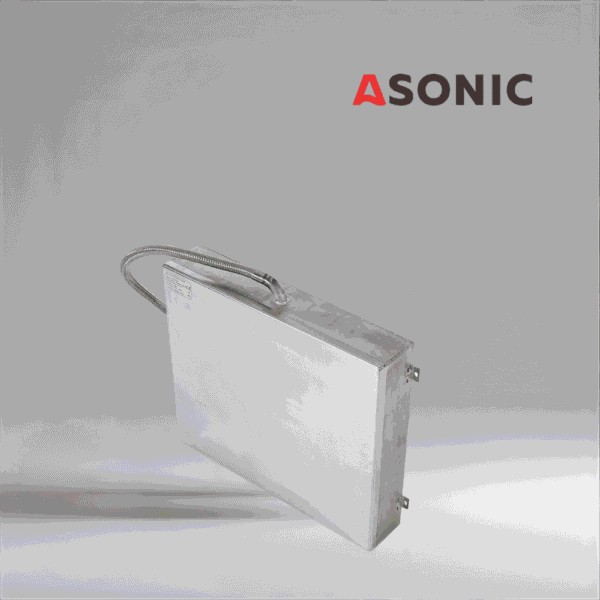 ASONIC-IND-PLATE-2 Transductor ultrasónico de placa ASONIC IND-PLATE, diseño duradero de acero inoxidable para aplicaciones de limpieza ultrasónica industrial.