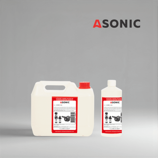 Detergente ASONIC AS-BIOX en envases de 1 l, 5 l y 25 l para eliminar residuos biológicos.