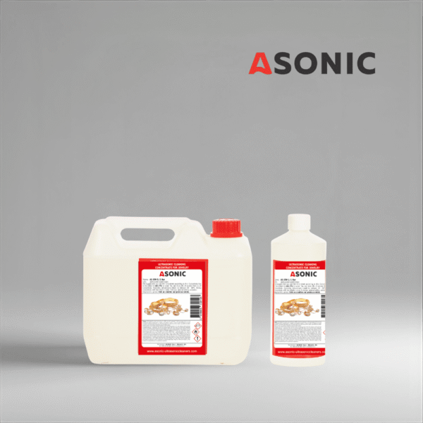 Detergente ASONIC AS-JEW en envases de 1 l, 5 l y 25 l para la limpieza ultrasónica de joyas.