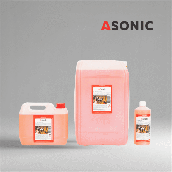 Detergente ASONIC AS-MLP en bidones de 1 l, 5 l y 25 l para la limpieza de plásticos y piezas metálicas ligeras.
