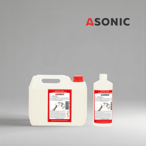 Detergente ASONIC AS-OPT en envases de 1 l, 5 l y 25 l para la limpieza ultrasónica de lentes ópticas.
