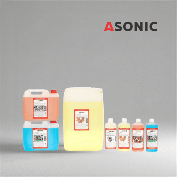 Solución limpiadora ultrasónica multiuso ASONIC AS-MIX, detergente versátil para uso industrial, en laboratorios y talleres.