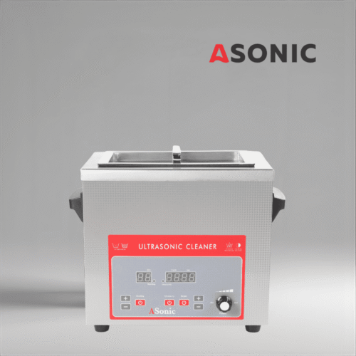 Limpiador ultrasónico ASONIC 4L con tapa de acero inoxidable diseñado para uso industrial profesional.