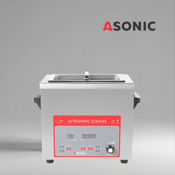 Limpiador ultrasónico ASONIC 4L con tapa de acero inoxidable diseñado para uso industrial profesional.