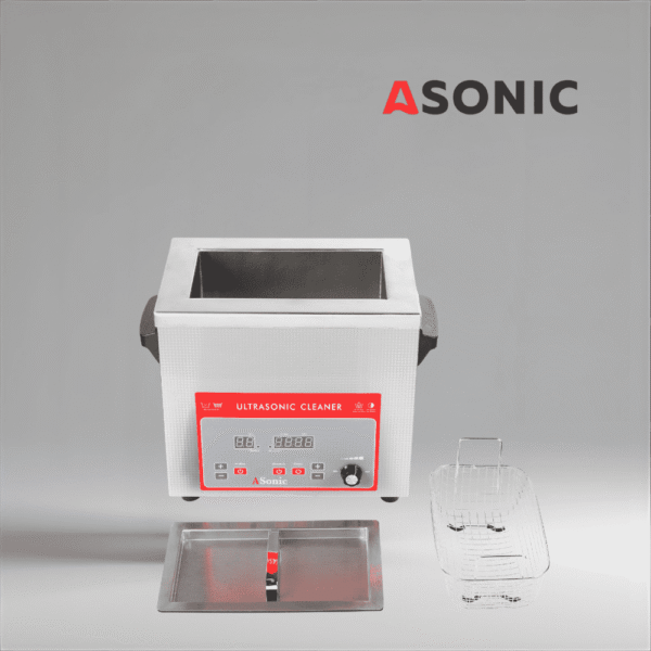 Baño ultrasónico compacto ASONIC IND-40, ideal para la limpieza industrial a pequeña escala y el uso en laboratorios.
