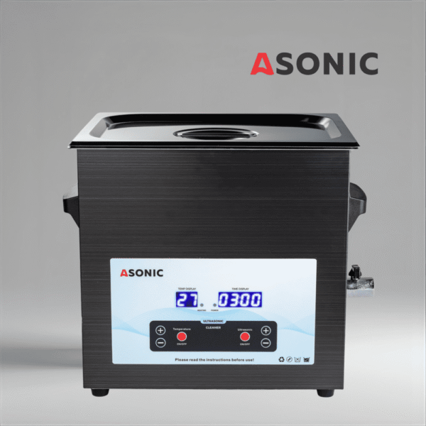 Limpiador ultrasónico ASONIC MED 10L negro con tapa cerrada para limpiar instrumentos médicos grandes