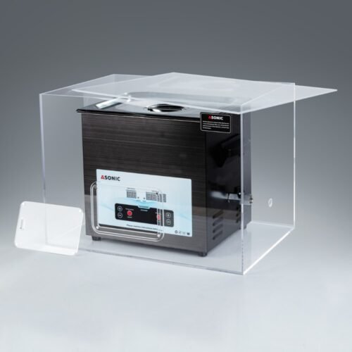 Caja silenciosa abierta que muestra un limpiador ultrasónico ASONIC de 10 litros diseñado para una limpieza profesional silenciosa.