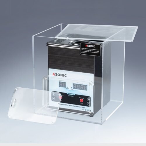 Caja silenciosa abierta que muestra un limpiador ultrasónico ASONIC de 2 litros en su interior, diseñado para reducir el ruido durante el funcionamiento.