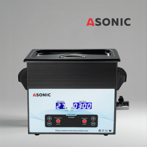 Limpiador ultrasónico ASONIC MED 3L negro con tapa de acero inoxidable para la limpieza de instrumentos médicos y dentales.