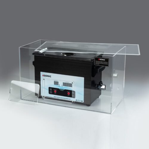 Caja silenciosa abierta que muestra un limpiador ultrasónico ASONIC de 3 litros, lo que ilustra el diseño de reducción de ruido.