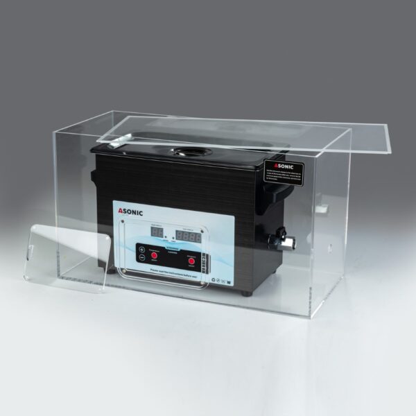 Caja silenciosa abierta que muestra un limpiador ultrasónico ASONIC de 3 litros, lo que ilustra el diseño de reducción de ruido.