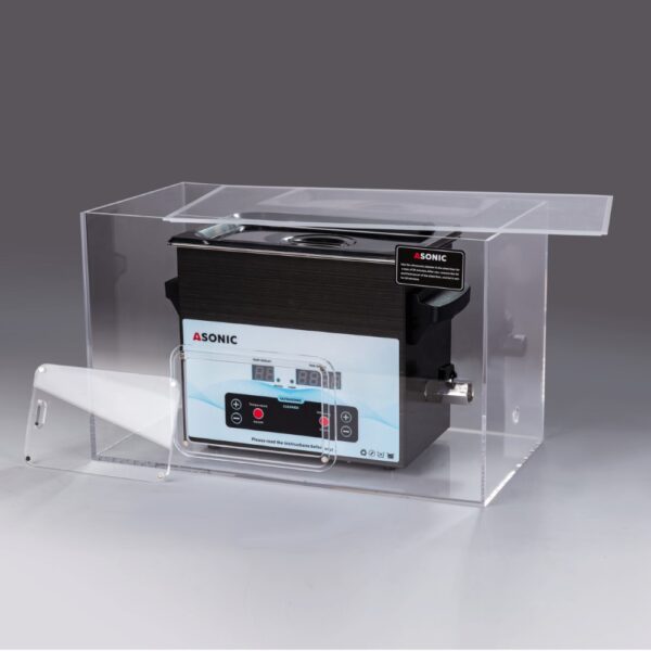Caja silenciosa abierta que muestra un limpiador ultrasónico ASONIC de 5 litros diseñado para una limpieza profesional más silenciosa.