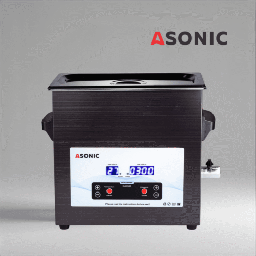 Limpiador ultrasónico ASONIC MED 7L negro con tapa cerrada diseñado para aplicaciones dentales y médicas.