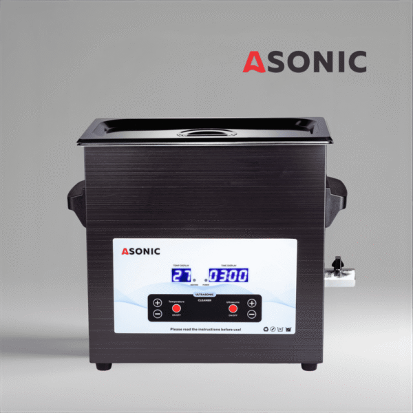 Limpiador ultrasónico ASONIC MED 7L negro con tapa cerrada diseñado para aplicaciones dentales y médicas.