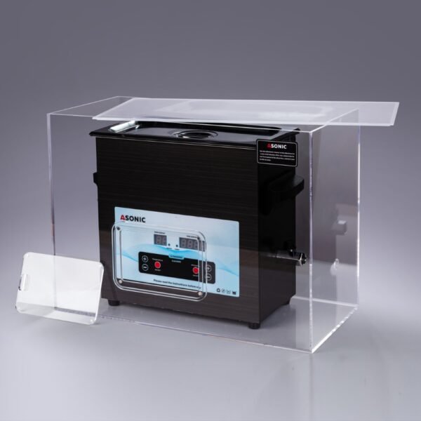 Caja silenciosa abierta que muestra un limpiador ultrasónico ASONIC de 7 litros para aplicaciones de limpieza silenciosas y eficientes.