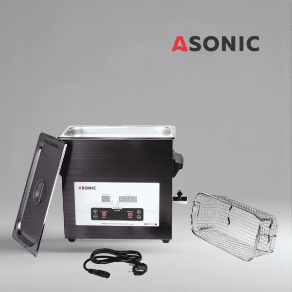 ASONIC MED-70: unidad profesional de limpieza por ultrasonidos para instrumentos y herramientas. ASONIC MED 7L: limpiador por ultrasonidos negro con tapa cerrada diseñado para aplicaciones dentales y médicas. ASONIC MED-70: limpiador por ultrasonidos compacto para uso médico y dental. ASONIC MED-70: limpiador por ultrasonidos para instrumentos médicos y de laboratorio.