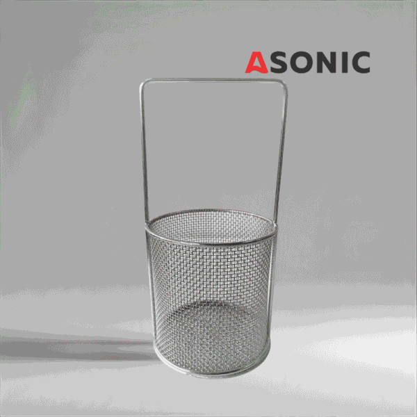 Cesta redonda de acero inoxidable ASONIC con asa Ø75 mm, diseñada para la limpieza ultrasónica de joyas y herramientas delicadas.