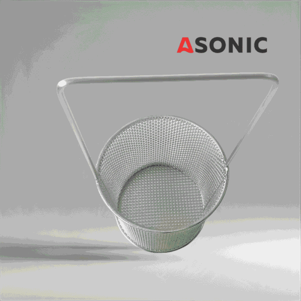 «Cesta redonda ASONIC inox Ø75 mm con asa, práctico accesorio para limpiadores ultrasónicos, ideal para objetos pequeños».