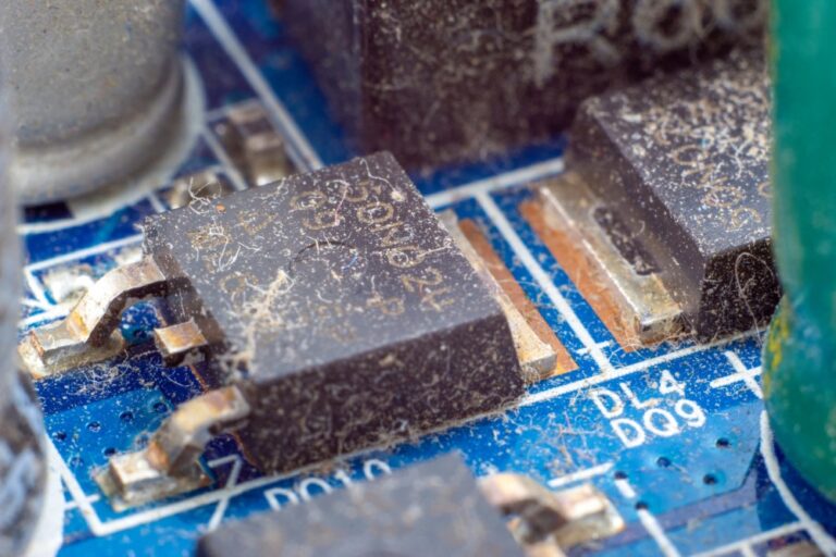Esta imagen muestra un primer plano de un chip electrónico contaminado en una placa de circuito impreso (PCB) antes de la limpieza ultrasónica. Se puede observar la acumulación de polvo