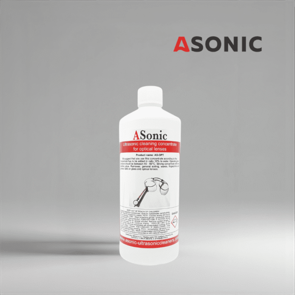 Solución de limpieza ultrasónica óptica ASONIC AS-OPT-1, botella de 1 l para la limpieza segura de lentes, gafas y dispositivos ópticos.