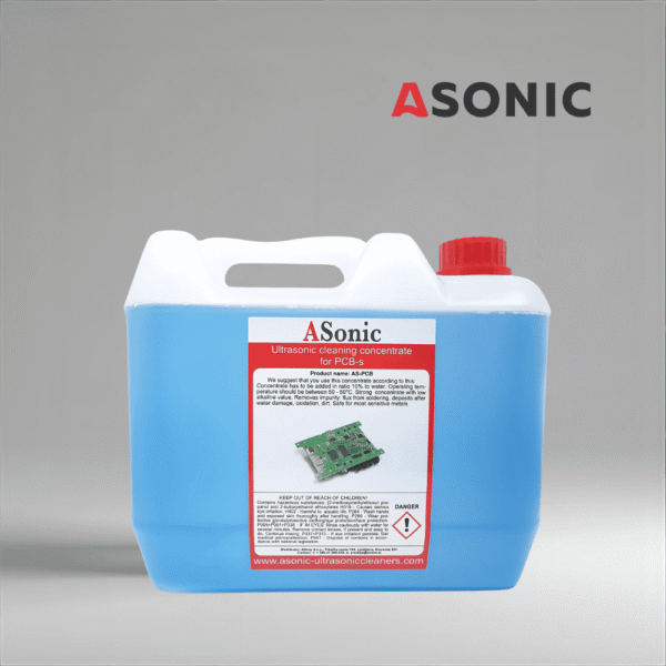 Detergente ultrasónico ASONIC PCB-5, solución de limpieza de 5 litros diseñada para placas de circuito impreso y componentes electrónicos.