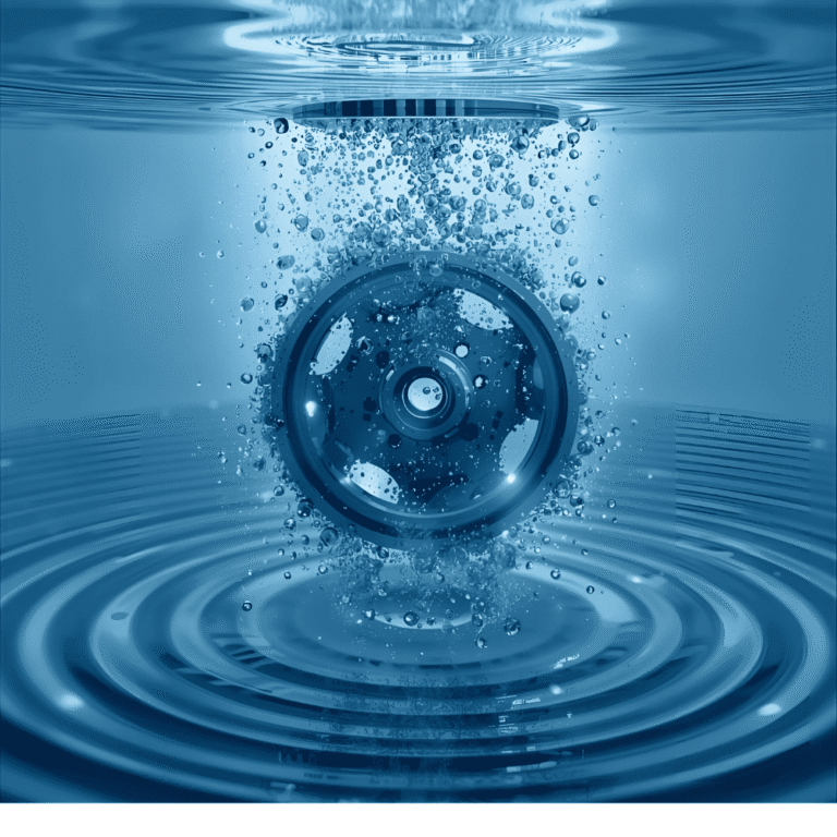 Esta imagen muestra un engranaje metálico sumergido en agua azul con burbujas visibles