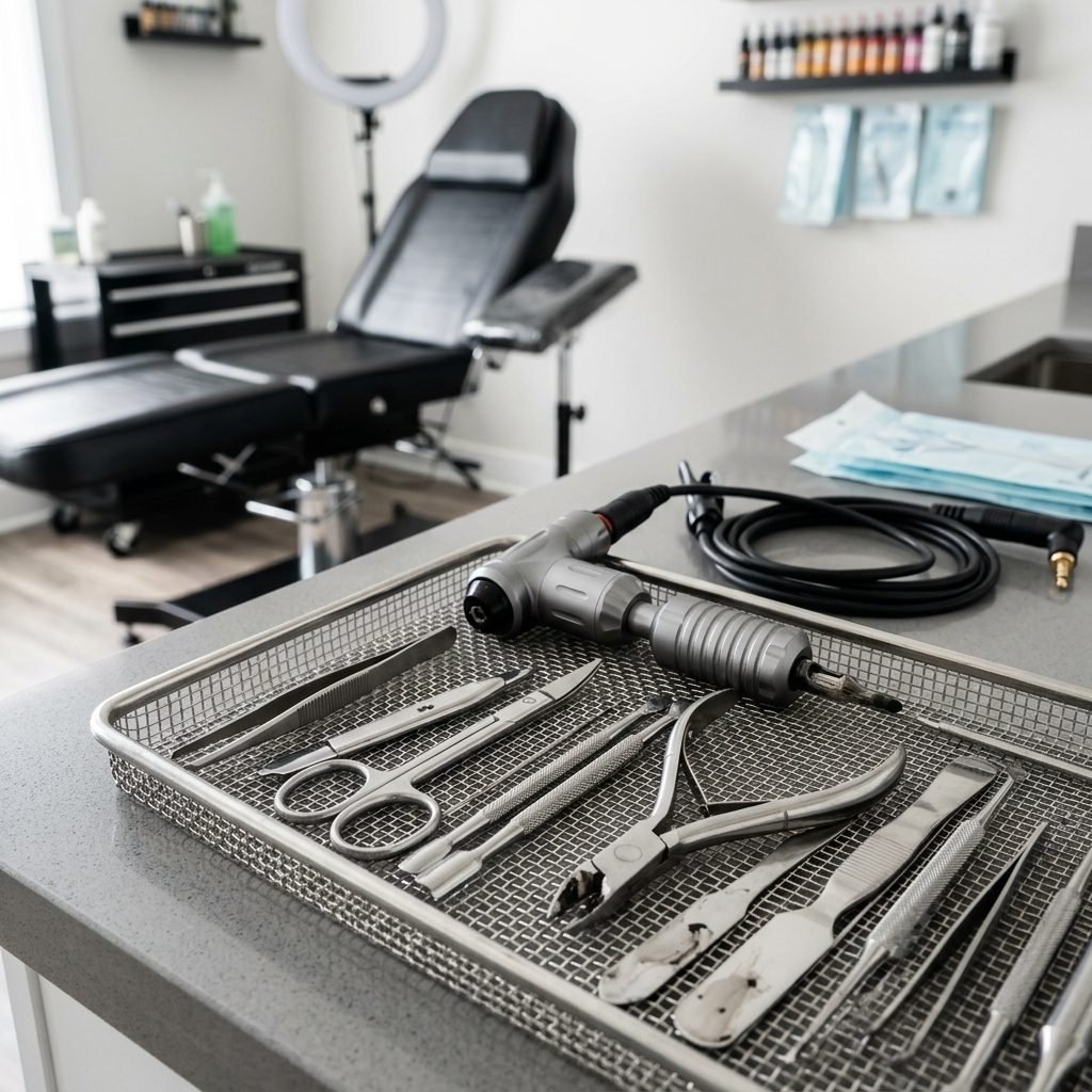 Instrumentos de estética y tatuaje en una cesta de limpieza ultrasónica