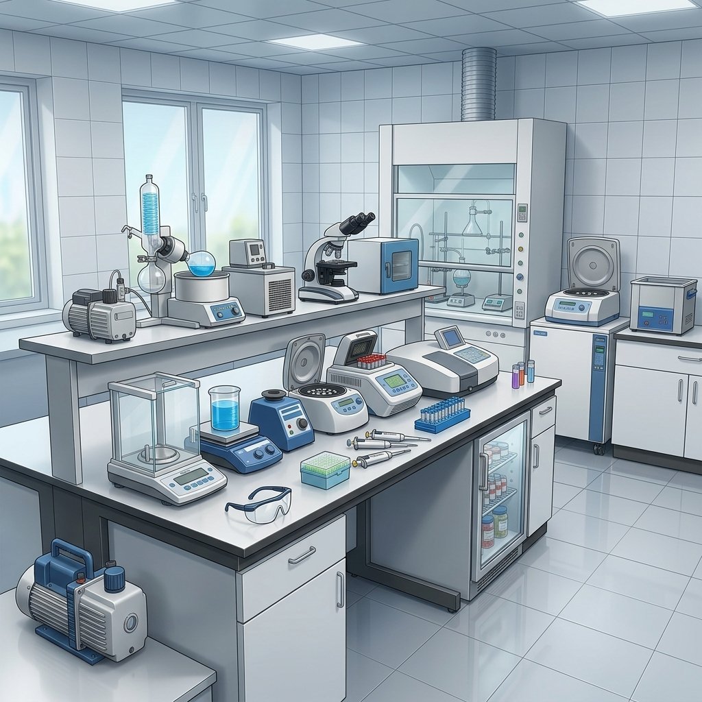 Laboratorio con equipos y un limpiador ultrasónico